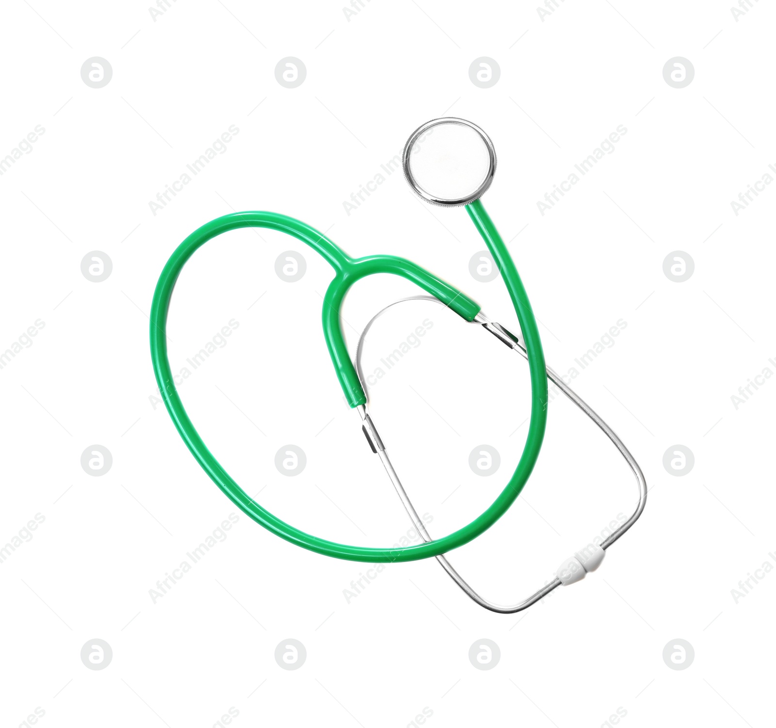 Photo of Stethoscope on white background, top view. Medical students stuff