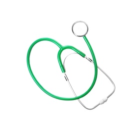 Photo of Stethoscope on white background, top view. Medical students stuff