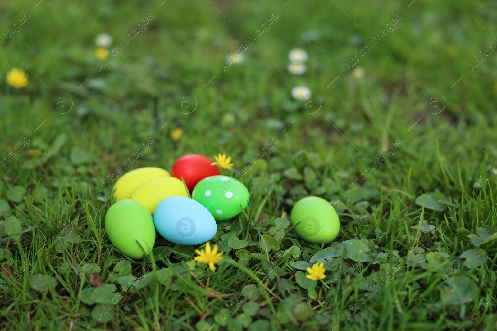 Photo of Easter celebration. Painted eggs on green grass