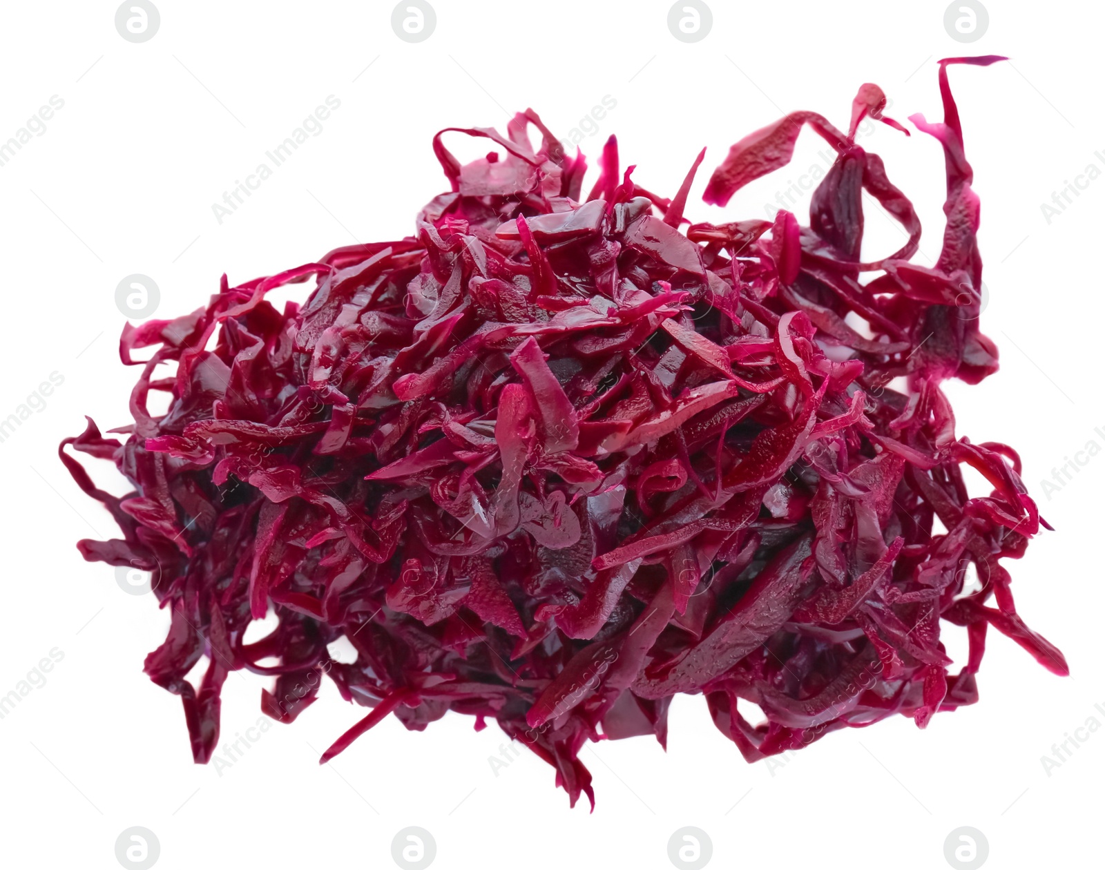 Photo of Tasty red cabbage sauerkraut isolated on white, top view