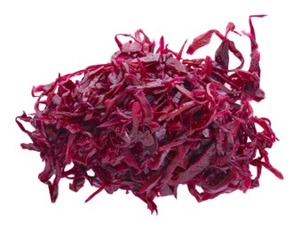 Photo of Tasty red cabbage sauerkraut isolated on white, top view