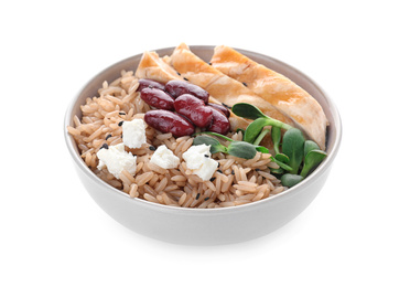 Photo of Tasty brown rice with beans and chicken meat isolated on white