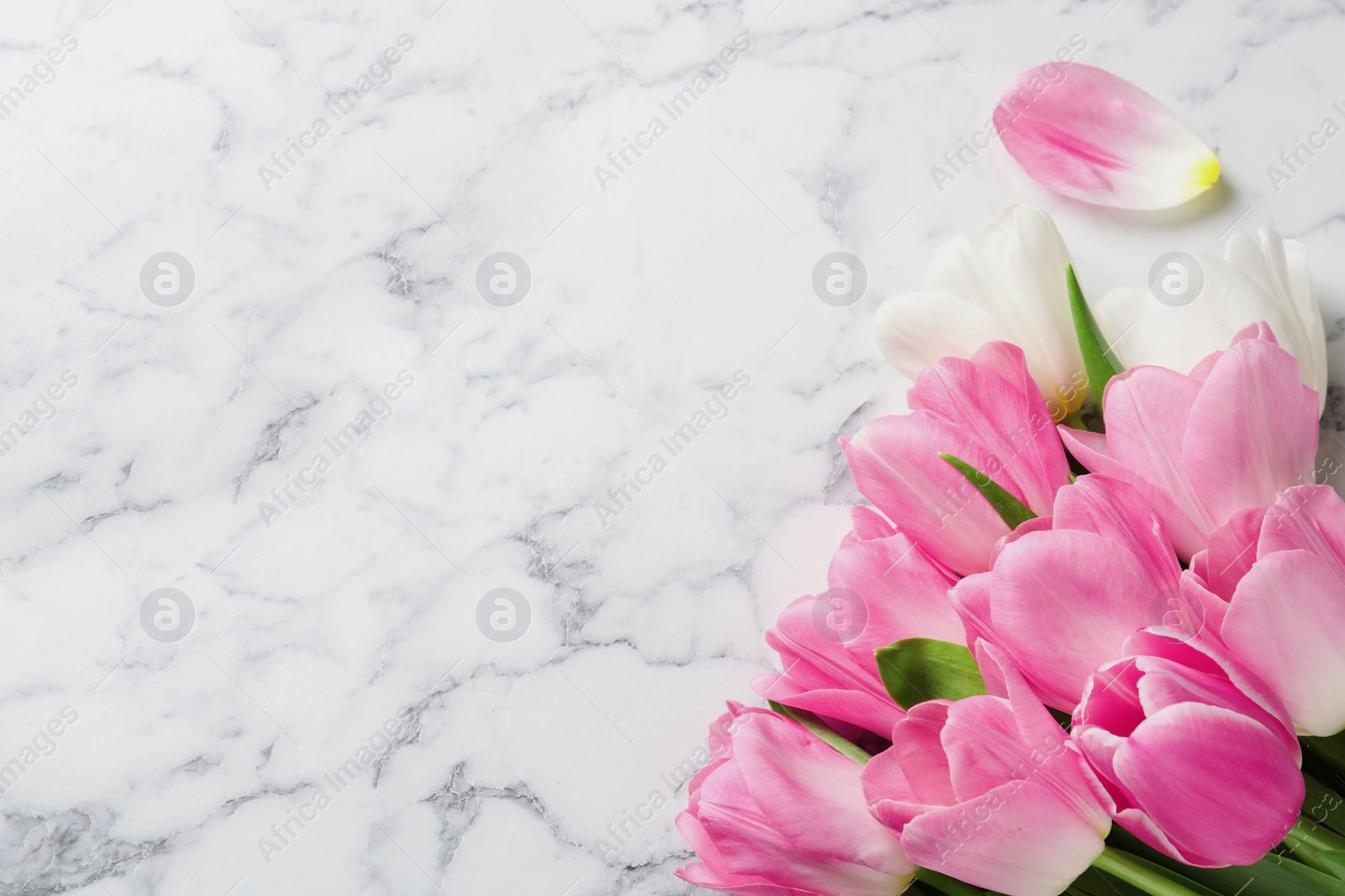 Photo of Beautiful tulips on marble background, top view with space for text. International Women's Day