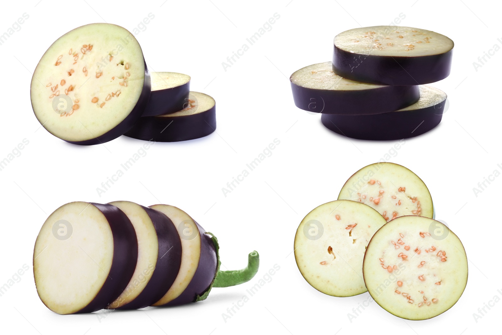 Image of Set of eggplant slices on white background