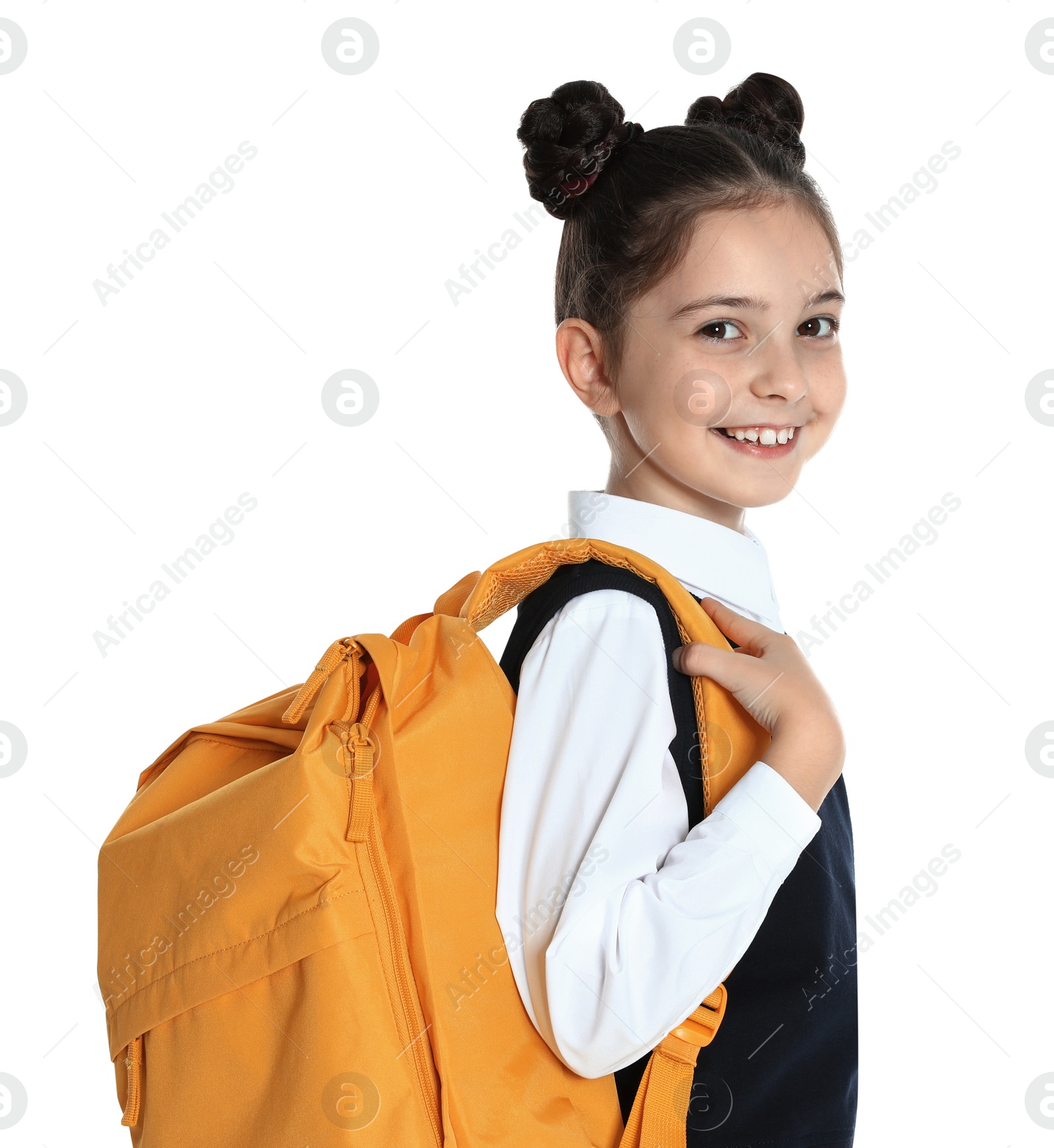 Photo of Happy girl in school uniform on white background