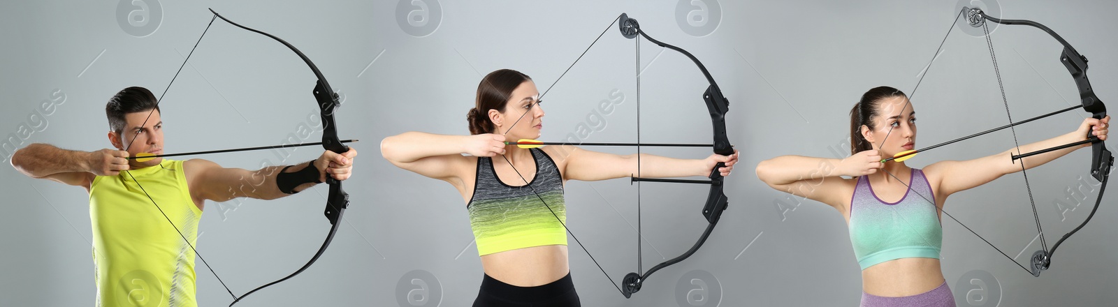 Image of People practicing archery on grey background, collage. Banner design