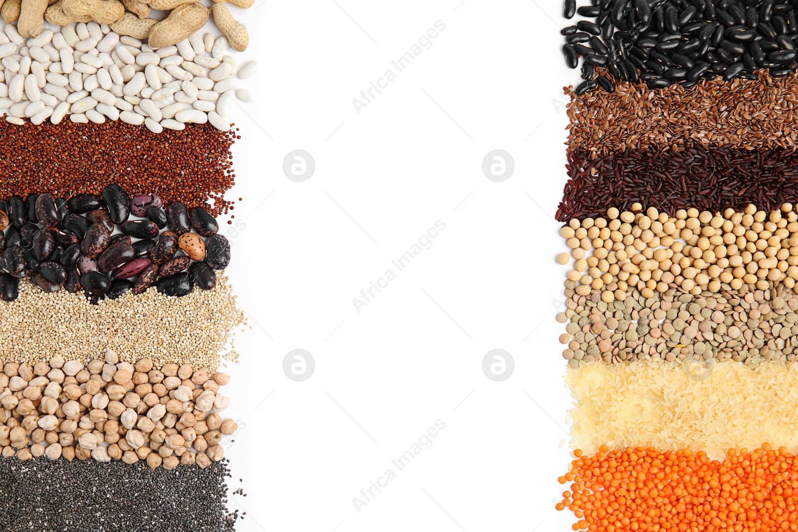 Photo of Various raw veggie seeds on white background, top view