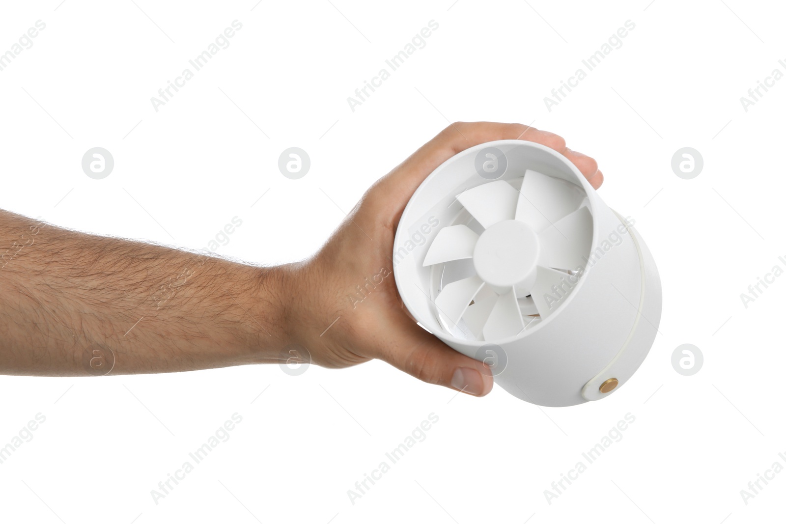 Photo of Man with portable fan on white background, closeup. Summer heat