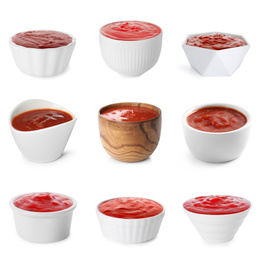 Set of tomato sauces in bowls on white background