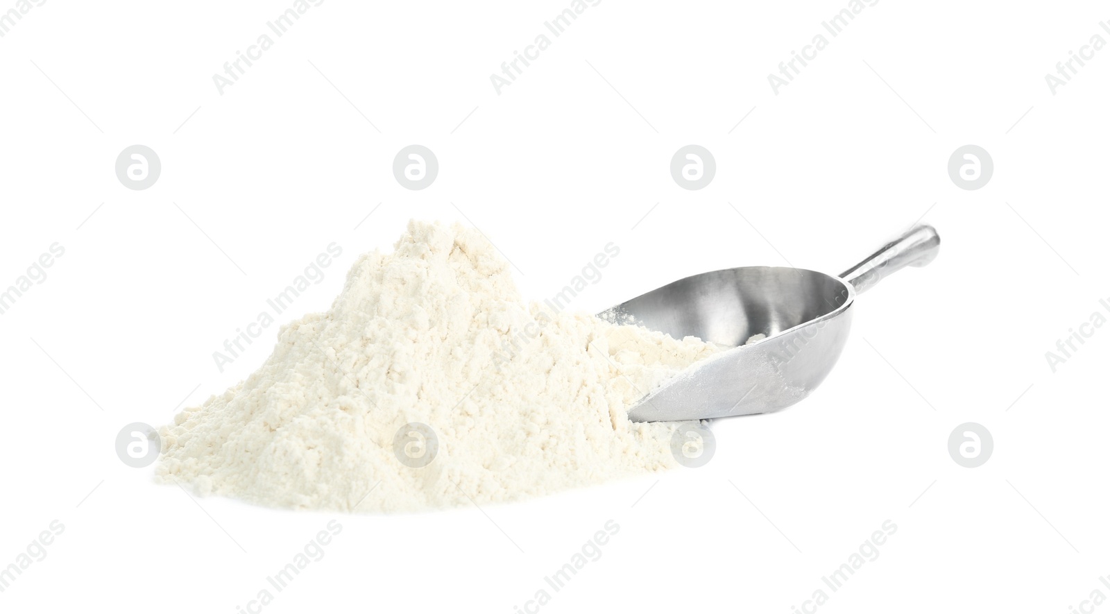 Photo of Organic flour and metal scoop isolated on white