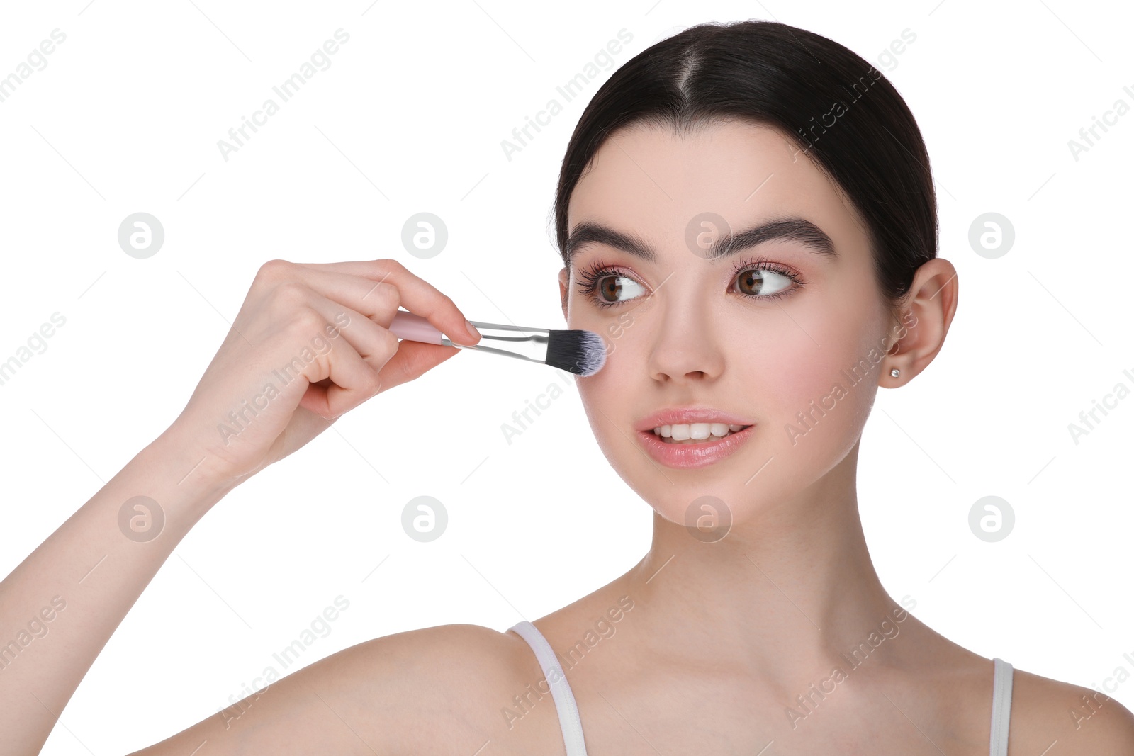 Photo of Teenage girl with makeup brush on white background