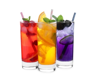 Photo of Different delicious lemonades made with soda water on white background