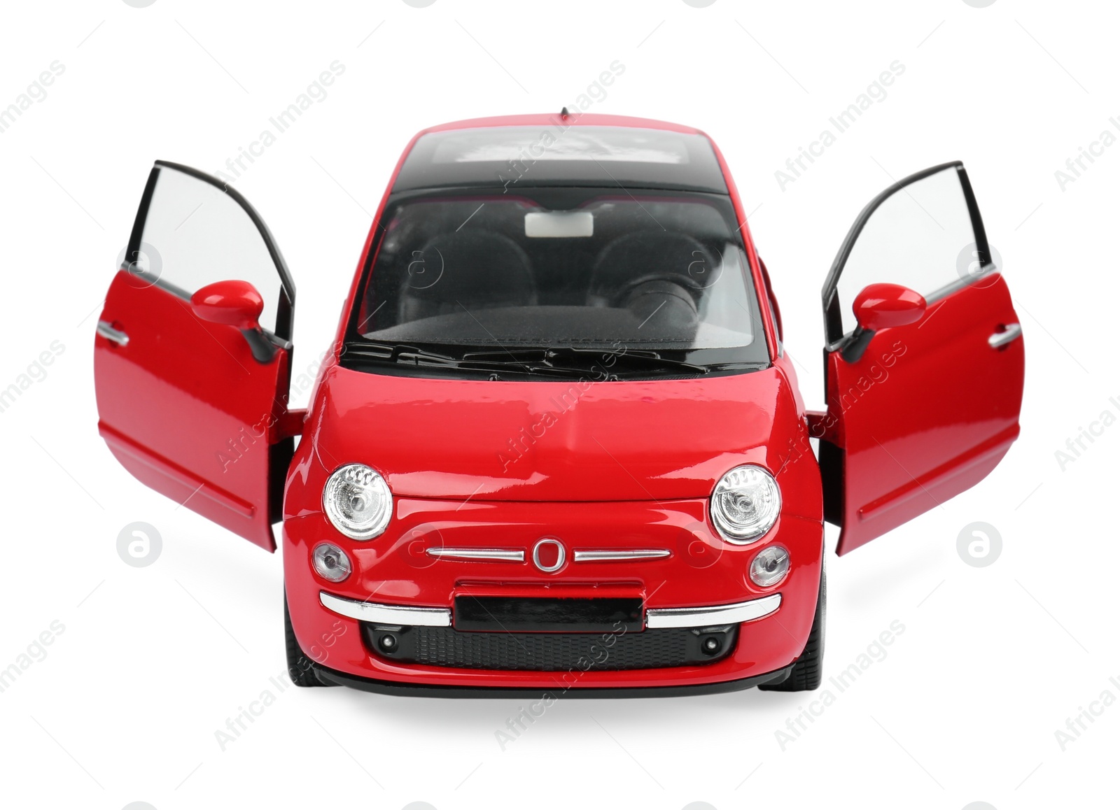 Photo of Red car isolated on white. Children's toy