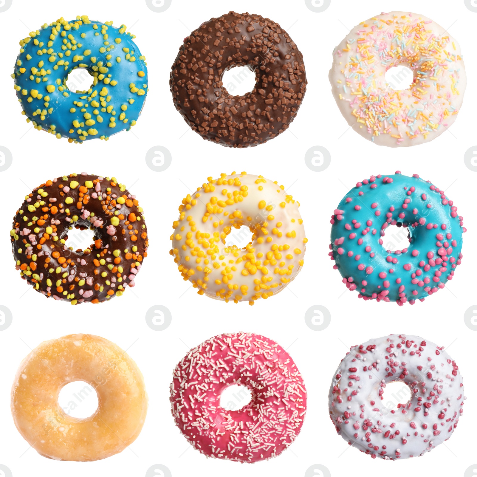 Image of Set with delicious glazed donuts on white background