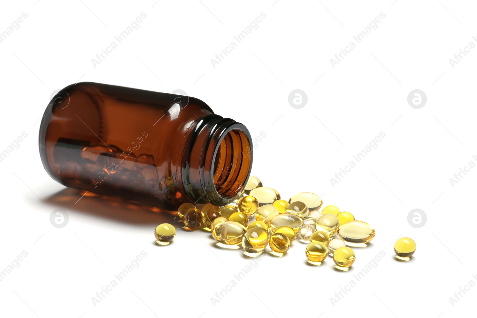 Photo of Bottle with cod liver oil capsules on white background