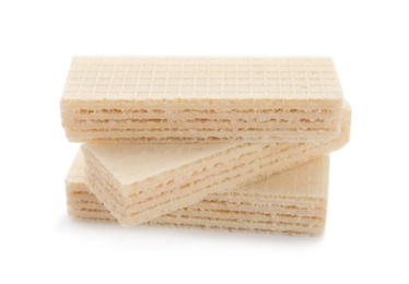 Photo of Delicious crispy wafers on white background. Sweet food