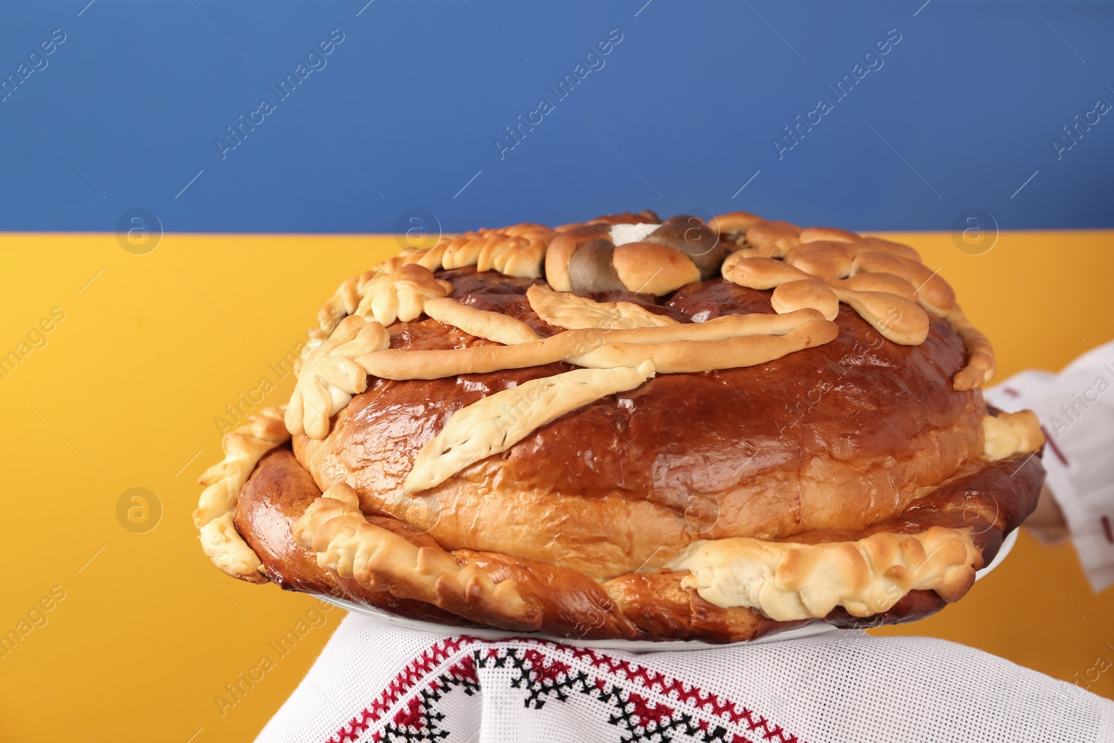 Photo of Woman with korovai on color background, closeup. Ukrainian bread and salt welcoming tradition