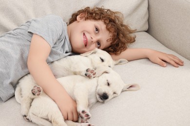 Photo of Little boy hugging cute puppies on couch