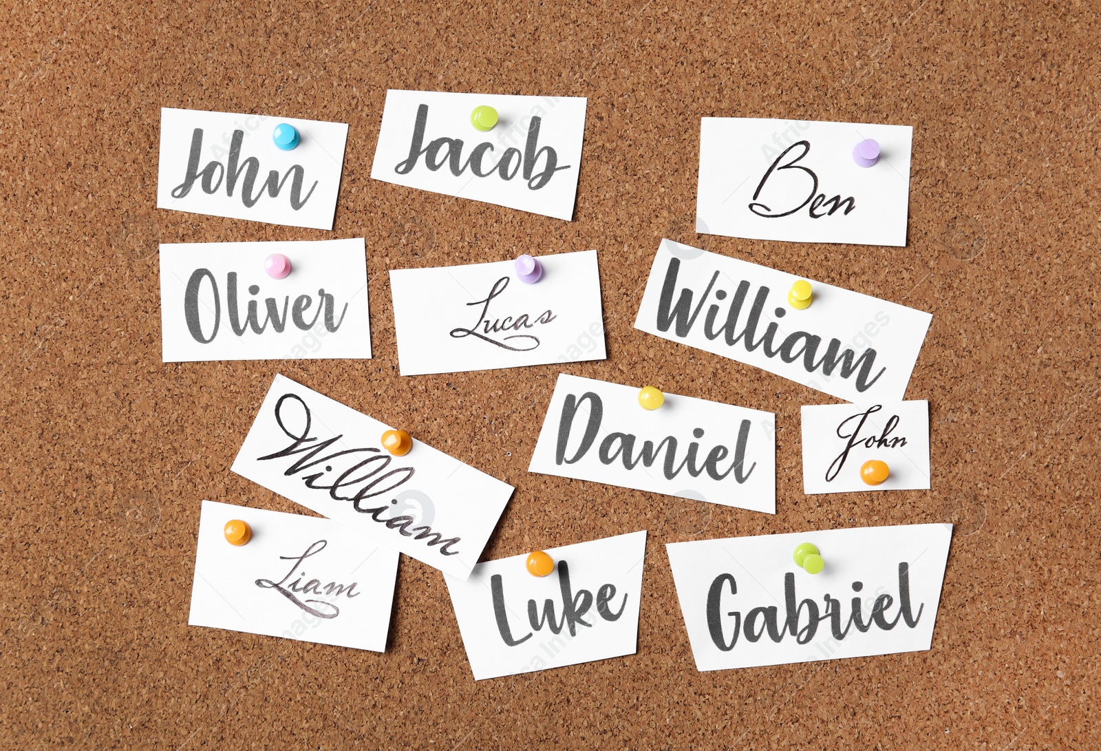 Photo of Paper pieces with baby names on cork board