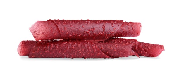 Photo of Delicious fruit leather rolls on white background