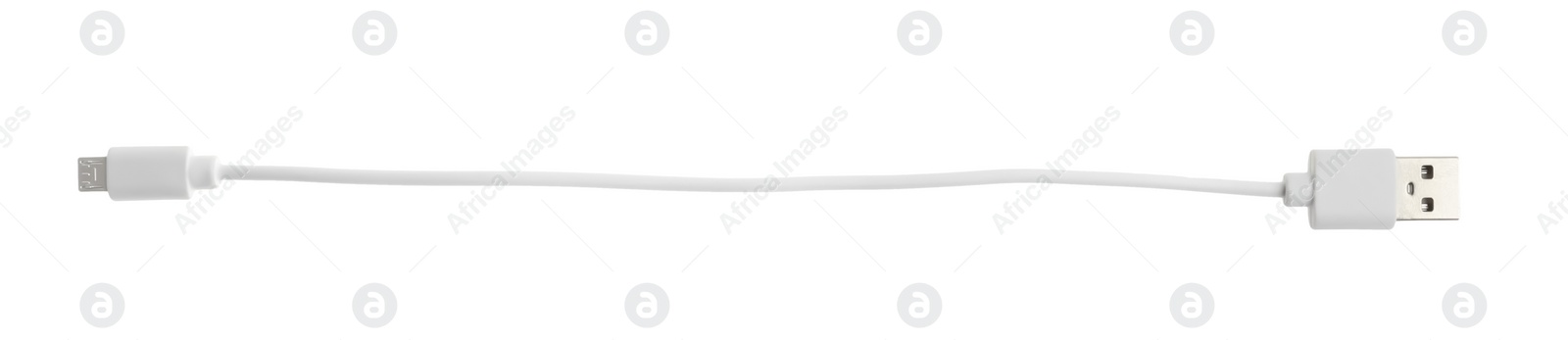 Photo of USB charge cable isolated on white, top view. Modern technology