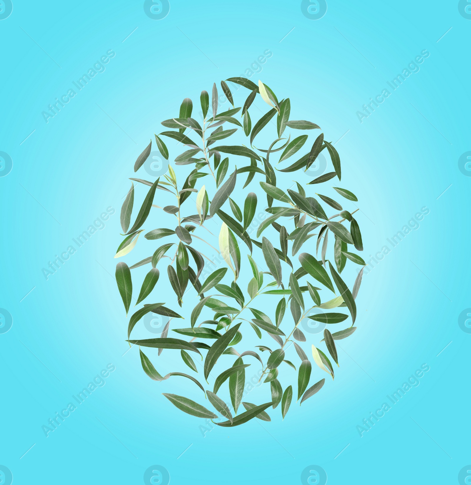 Image of Easter egg shape made of leaves on light blue background, flat lay 