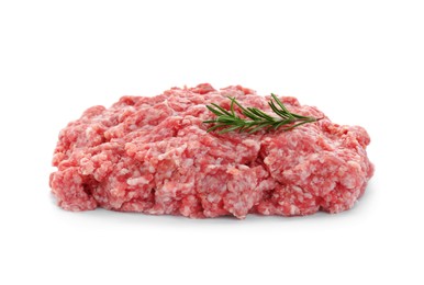 Photo of Raw fresh minced meat with rosemary isolated on white