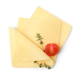 Photo of Slices of tasty fresh cheese, tomato and thyme isolated on white, top view