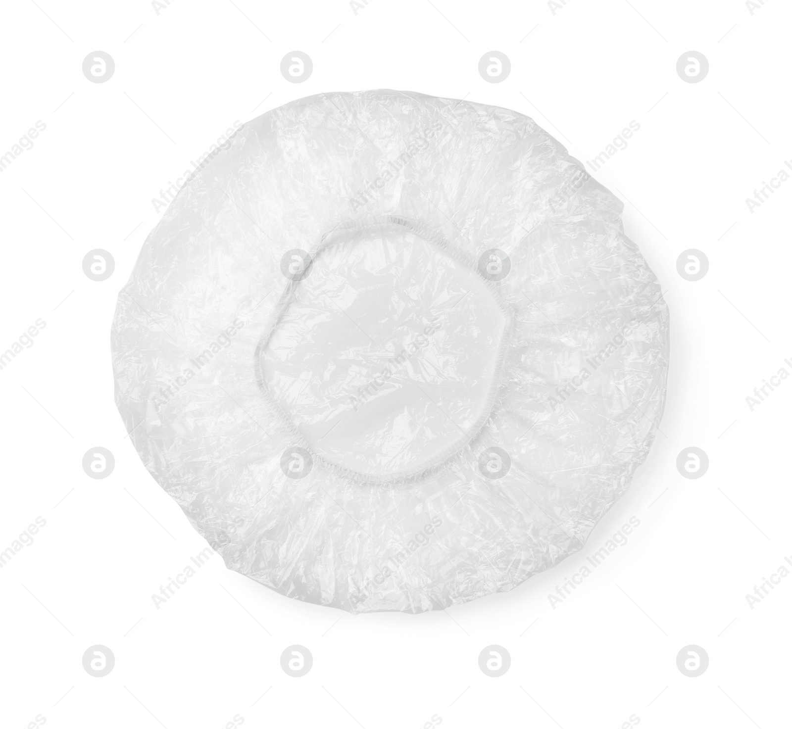 Photo of Transparent shower cap on white background, top view