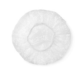 Photo of Transparent shower cap on white background, top view