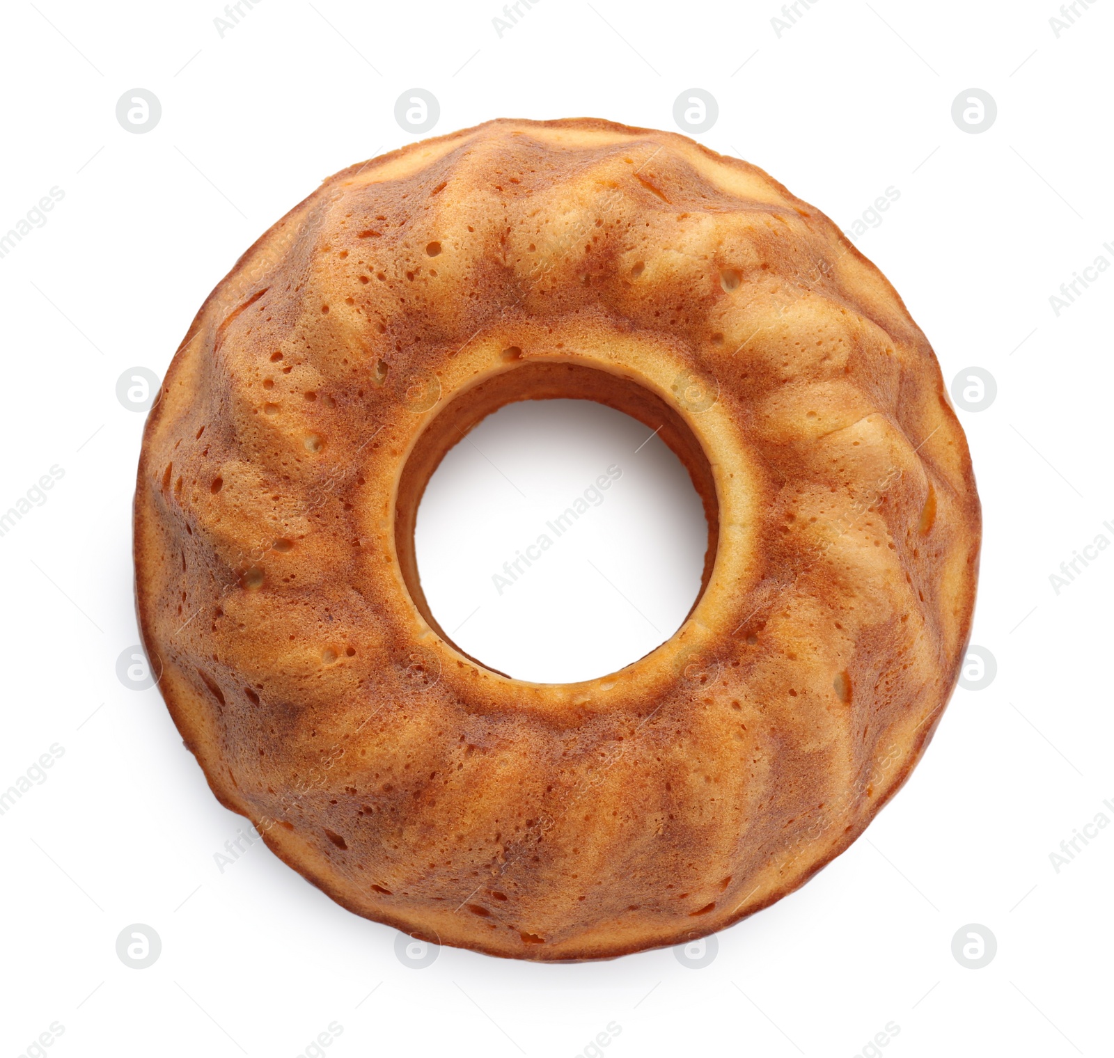 Photo of Delicious homemade yogurt cake on white background, top view