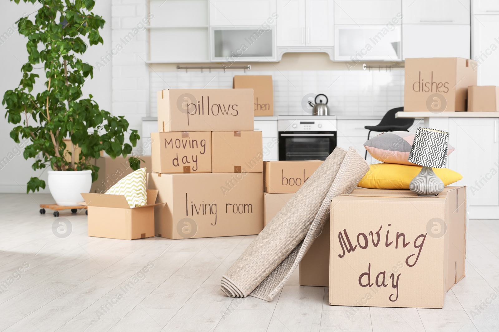 Photo of Cardboard boxes and household stuff in kitchen. Moving day