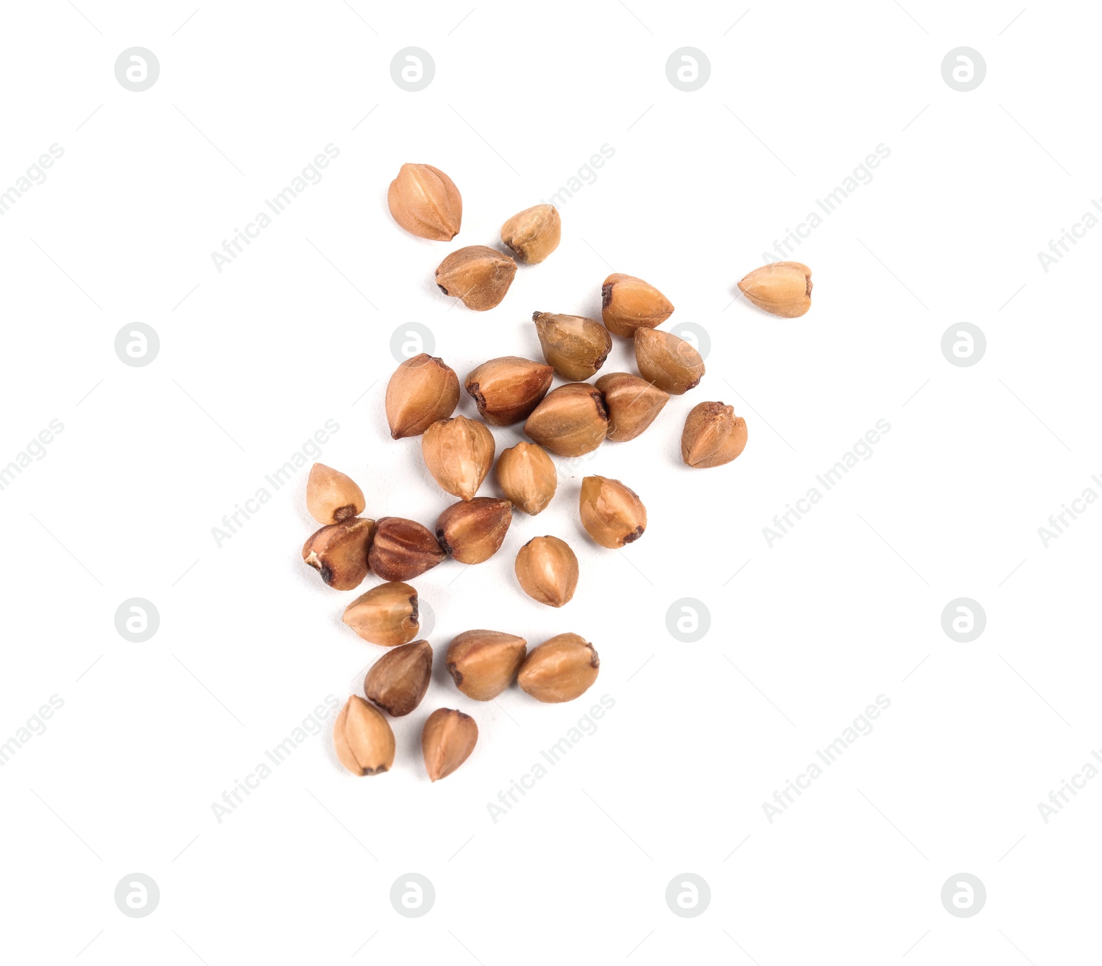 Photo of Uncooked buckwheat on white background, top view