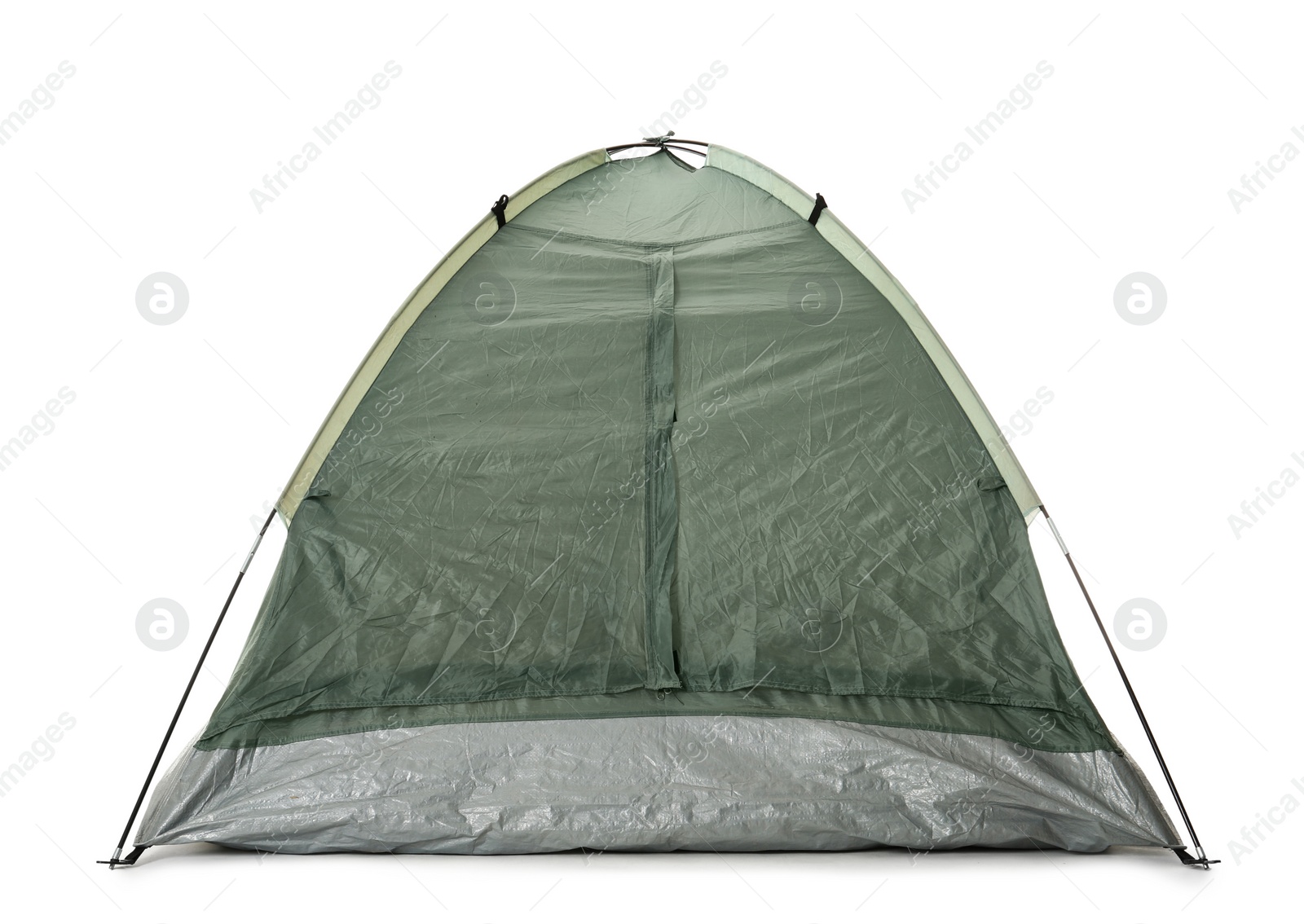 Photo of Closed grey camping tent on white background