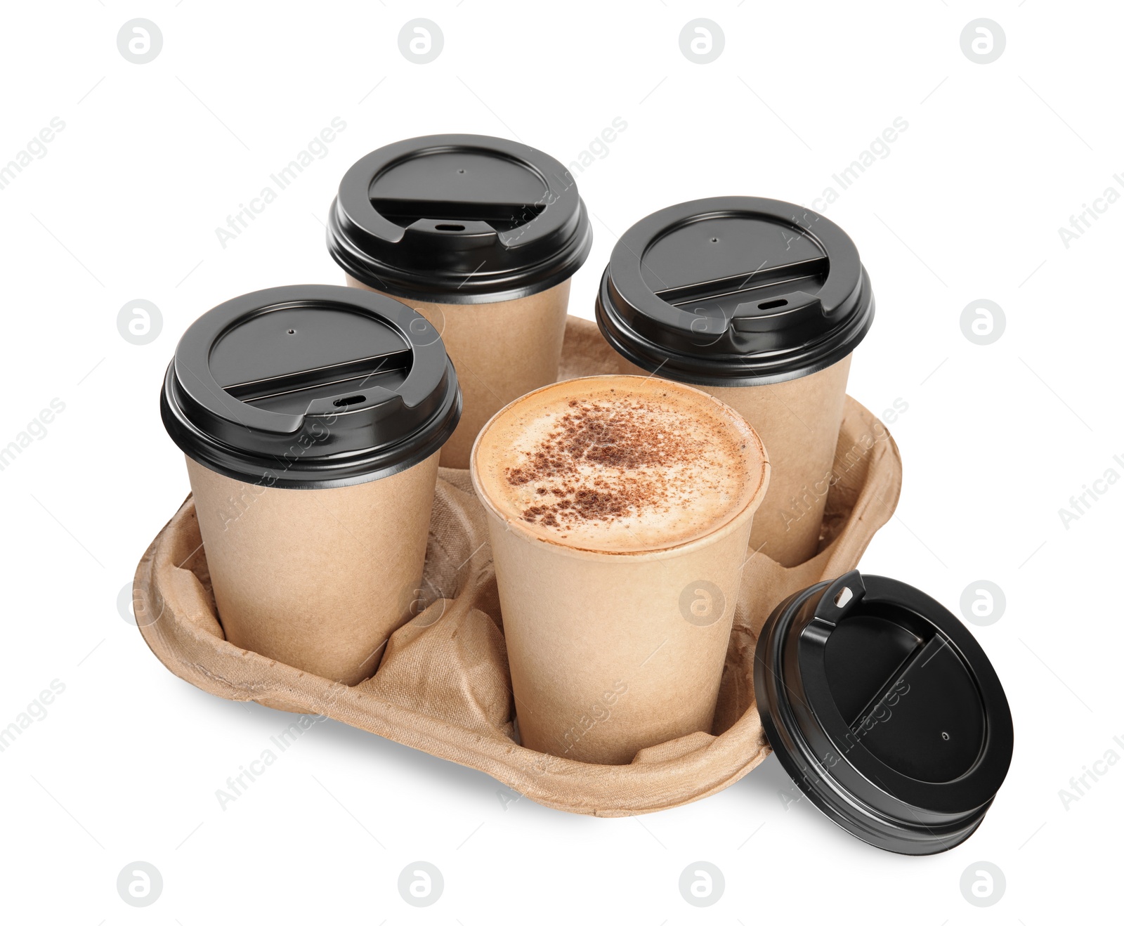 Photo of Takeaway paper coffee cups in cardboard holder on white background