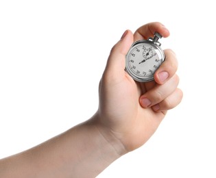 Man holding vintage timer on white background, closeup