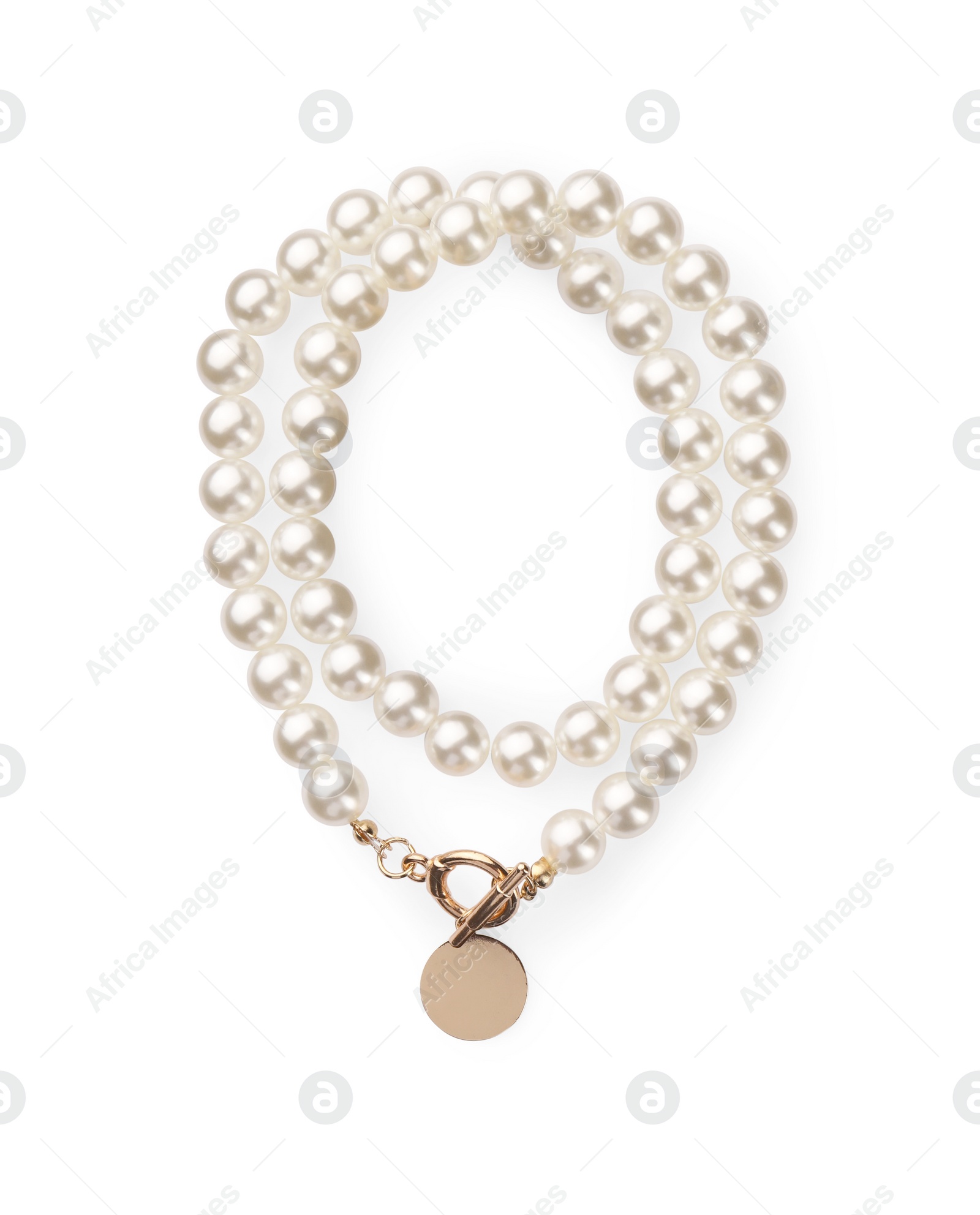 Photo of Elegant pearl necklace isolated on white, top view