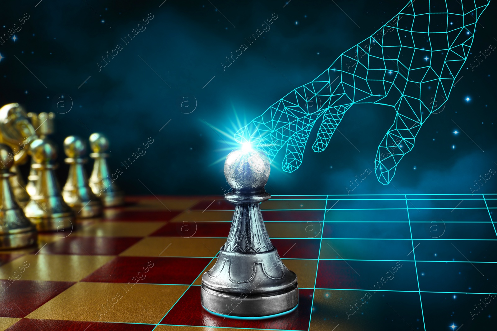 Image of Digital hand symbolizing artificial intelligence touching pawn