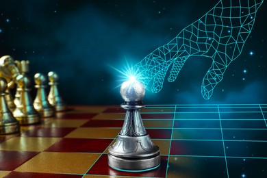 Image of Digital hand symbolizing artificial intelligence touching pawn