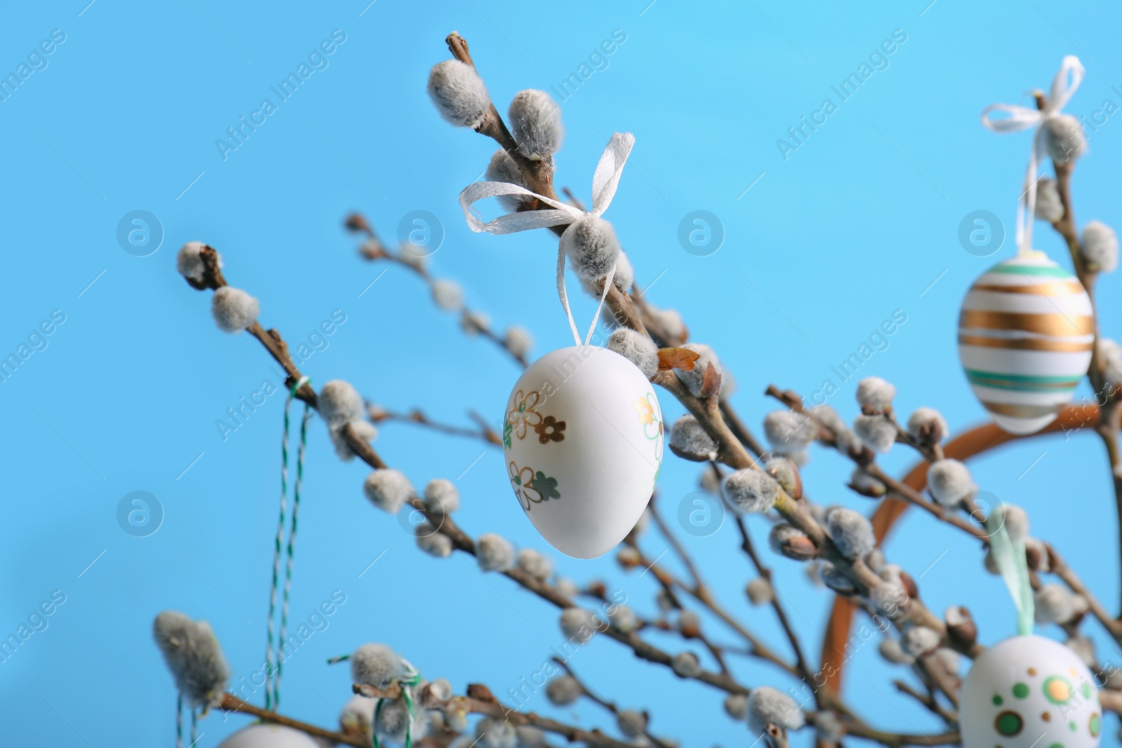 Photo of Beautiful willow branches and painted eggs on light blue background, closeup. Easter decor