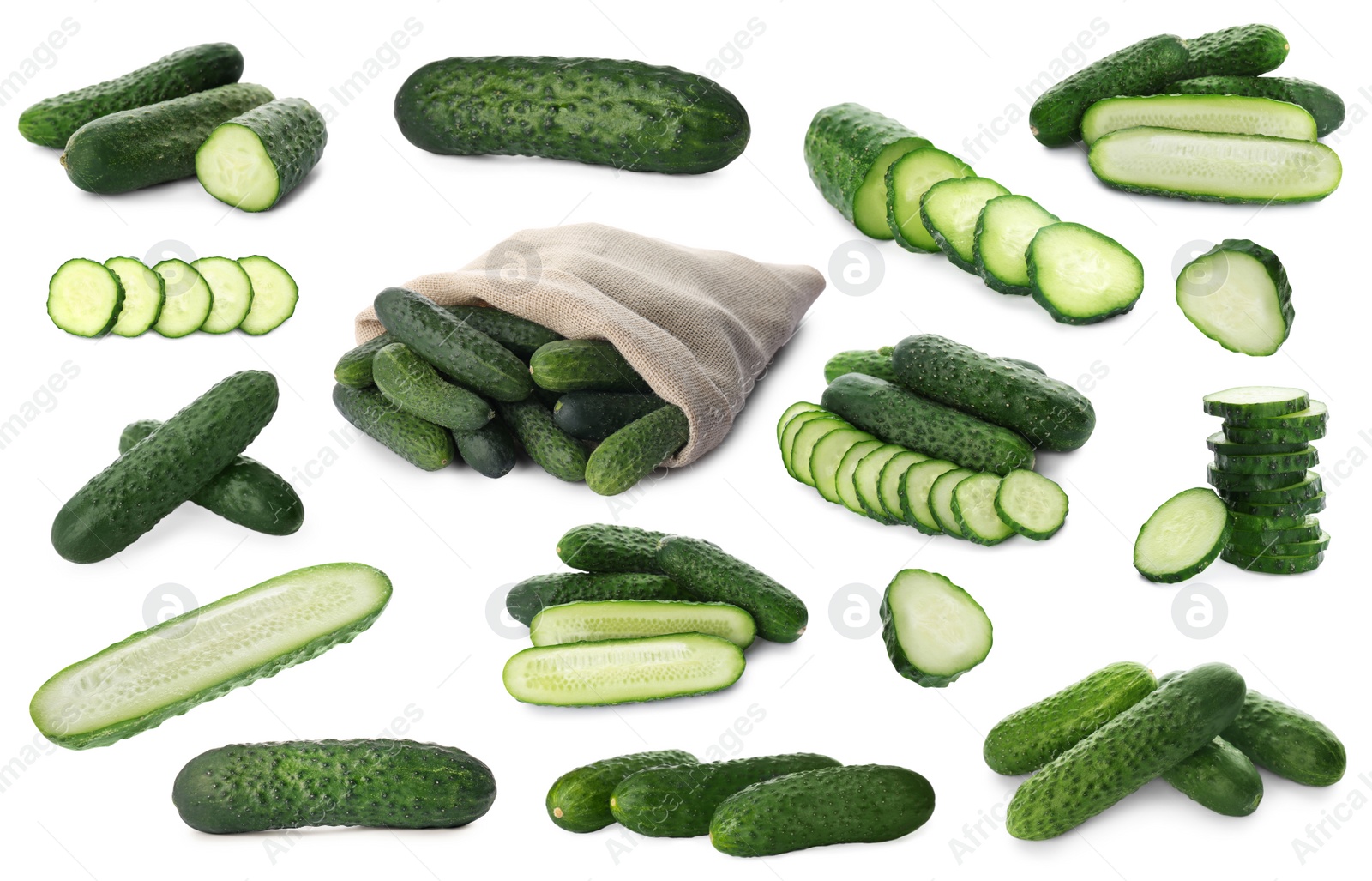 Set with whole and cut ripe cucumbers on white background Image of Set with whole and cut ripe cucumbers on white background