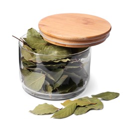 Aromatic bay leaves in glass jar on white background