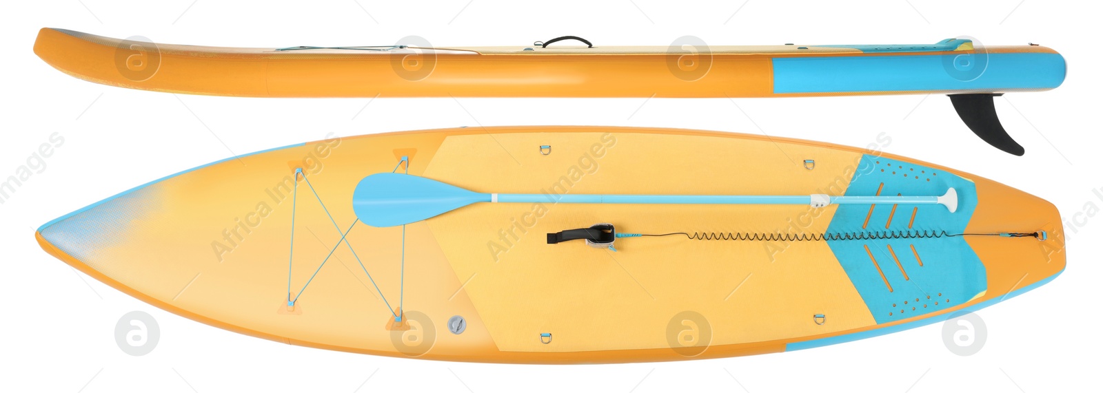 Image of Collage with SUP board with paddle isolated on white, different sides