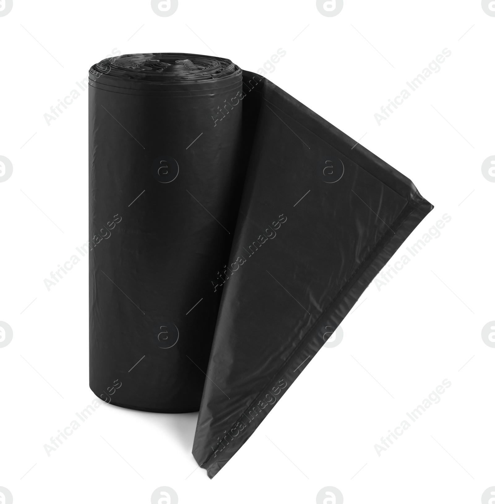 Photo of Roll of black garbage bags on white background. Cleaning supplies