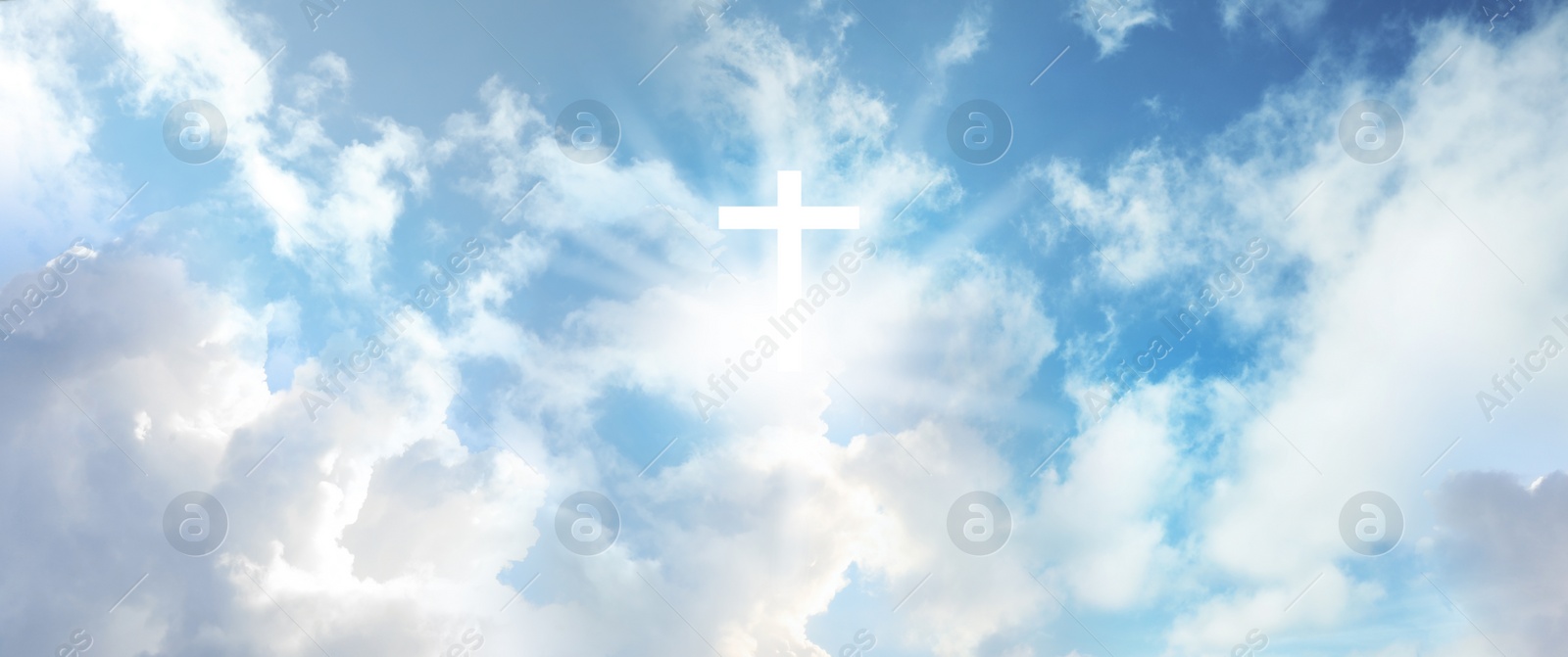 Image of Cross silhouette in sky with clouds, banner design. Resurrection of Jesus