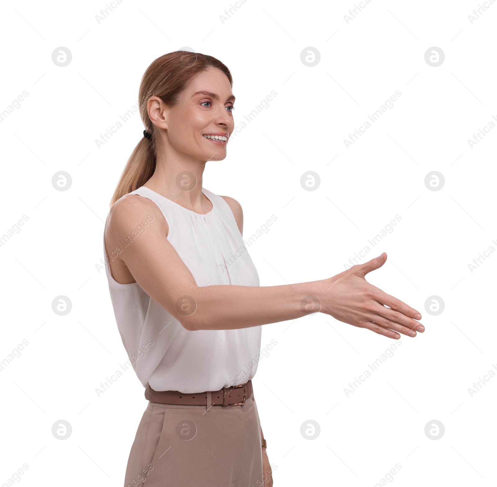 Photo of Beautiful happy businesswoman giving handshake on white background