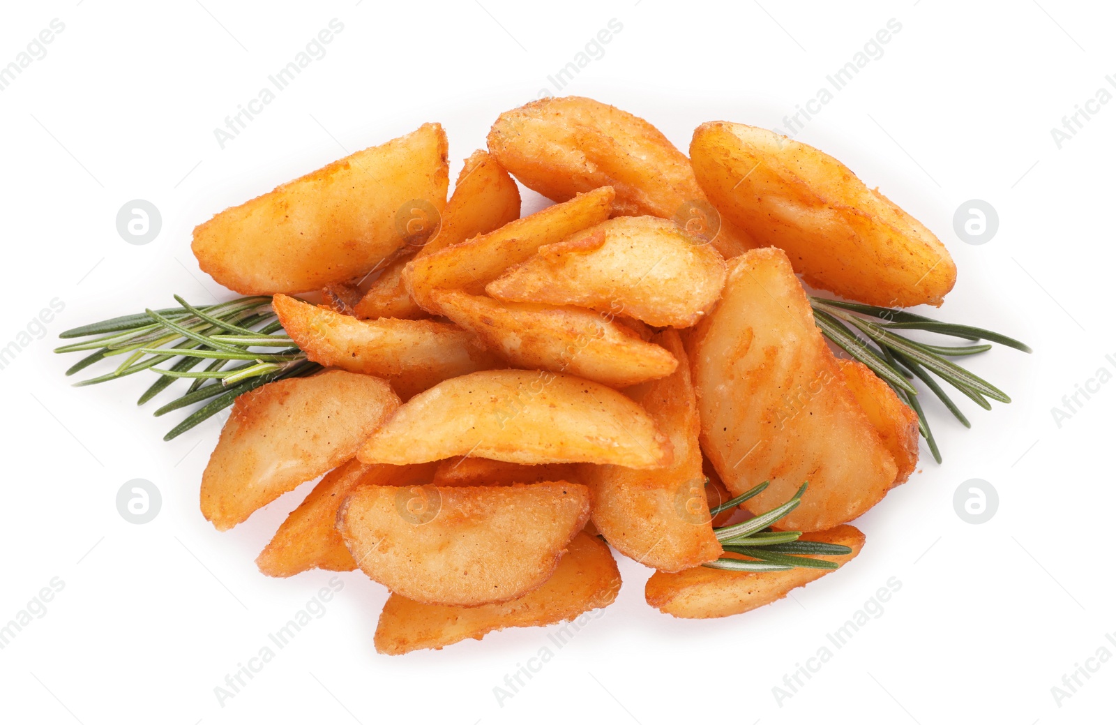 Photo of Baked potatoes with rosemary on white background, top view