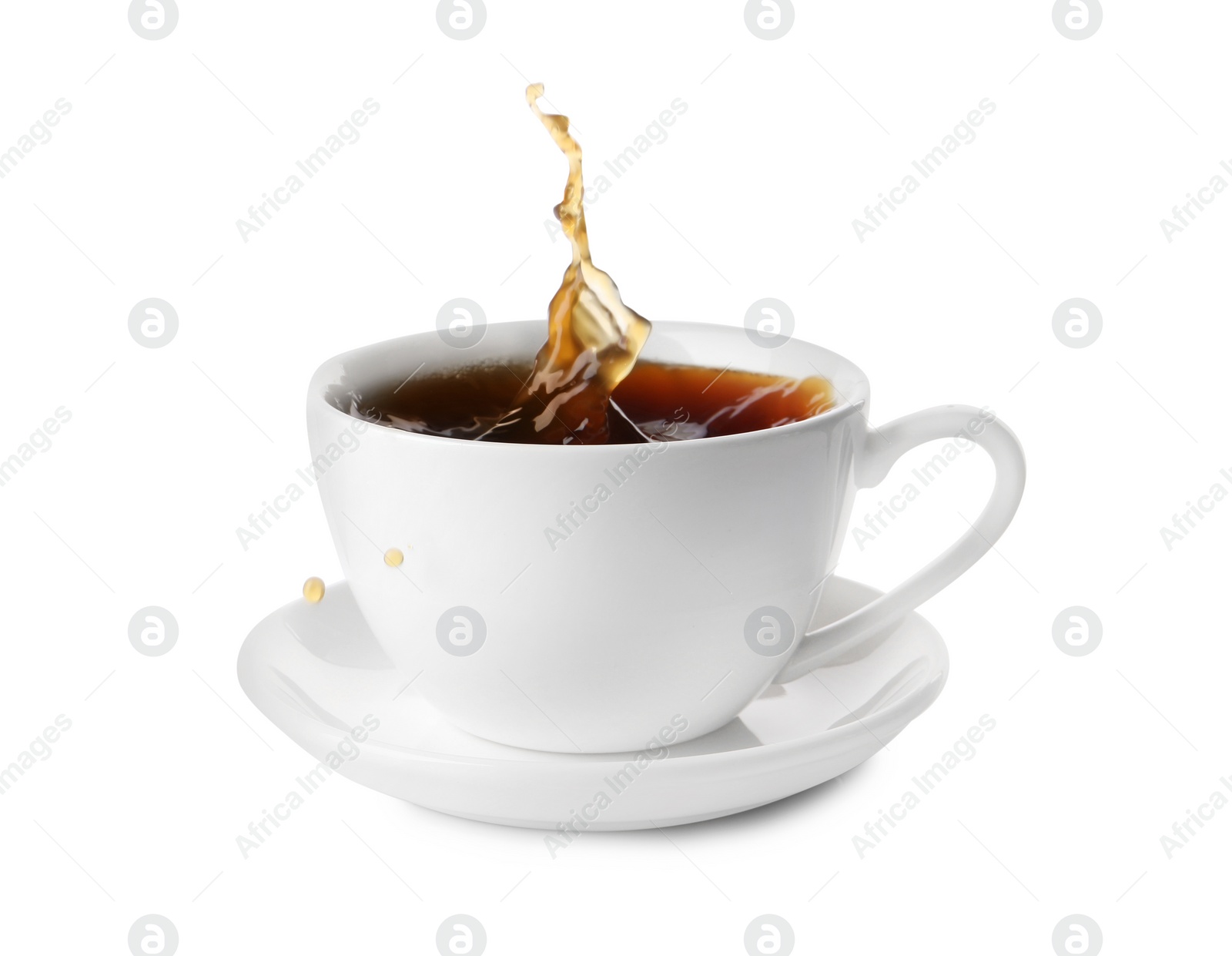 Photo of Cup with splashing coffee isolated on white