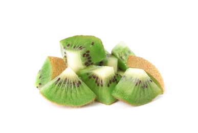 Photo of Cut fresh ripe kiwis on white background