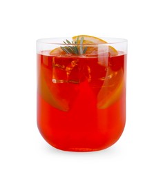 Photo of Aperol spritz cocktail, orange slices and rosemary in glass isolated on white